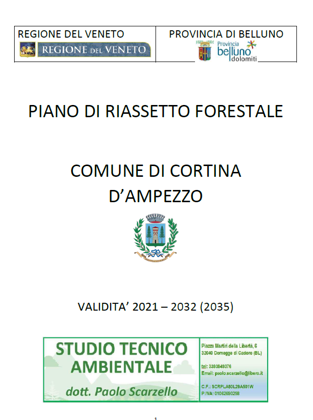 Copertina del Piano di Riassetto Forestale del Comune di Cortina d’Ampezzo, con loghi istituzionali in alto, titolo centrale e riquadro verde dello Studio Tecnico Ambientale dott. Paolo Scarzello in basso.