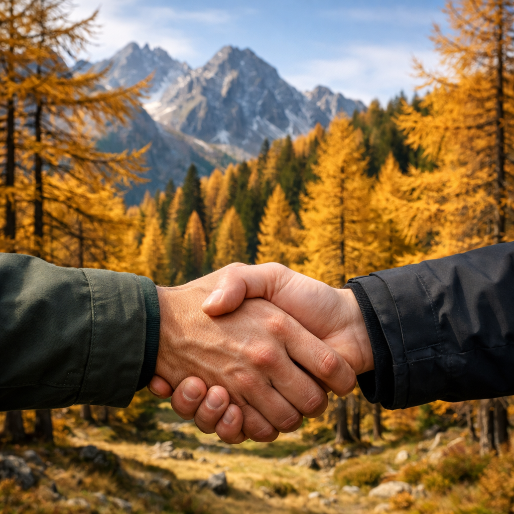 Two hands shaking outdoors with autumn trees and mountain background